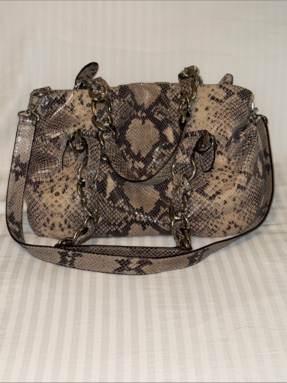 MK Large Snake Leather Chain-Handle Shoulder Bag in Beige and Black